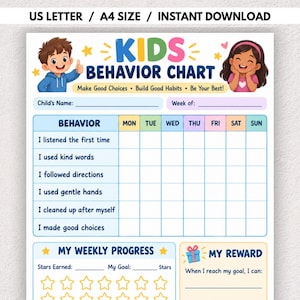 May include: A printable kids behaviour chart featuring a colourful header with the text KIDS BEHAVIOUR CHART, Make Good Choices, Build Good Habits, Be Your Best. It includes sections for child's name, week, daily behaviour tracking, weekly progress stars, and a reward section.