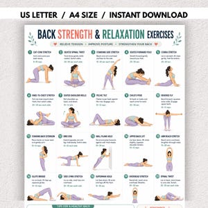 May include: A digital poster titled Back Strength & Relaxation Exercises featuring twenty numbered illustrations of a person in lavender athletic wear performing various stretches and poses with instructional text for each movement.