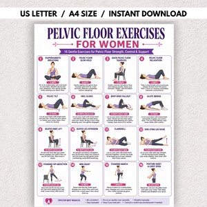 May include: A digital chart titled Pelvic Floor Exercises for Women featuring 16 numbered illustrations of exercise movements with descriptive text instructions. The layout includes headers for US Letter and A4 size, with purple and black text on a white background.