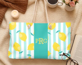 Personalized Lemon Striped Weekender Bag – Custom Monogram Beach Pool Overnight Bag