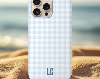 Aangepaste blauwe pastel telefoonhoes met monogram initialen/gepersonaliseerde eenvoudige geruite MagSafe iPhone 17 16 15 14 13 Pro Max Air/cadeau voor haar