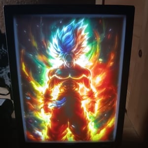 Könnte beinhalten: Ein gerahmtes Kunstwerk mit einer Illustration eines muskulösen Charakters mit stacheligen blauen und gelben Haaren, umgeben von feuriger orangefarbener und gelber Energie. Das Kunstwerk ist vor einem dunklen Hintergrund platziert.
