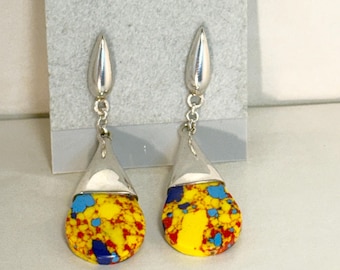 Silver and Mosaic Jasper Dangle Earrings