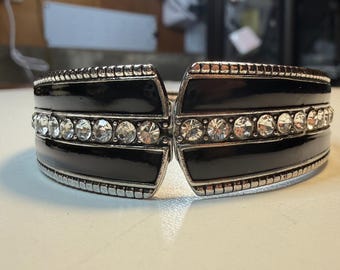 Black Enamel and Rhinestone Hinged Cuff Bangle Bracelet
