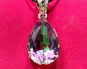 Silver and Iridescent Stone Pendant Necklace