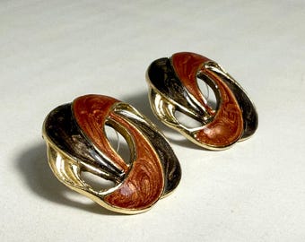 Gold-Tone Enamel Stud Earrings: Metallic Orange and Black, Knot Design