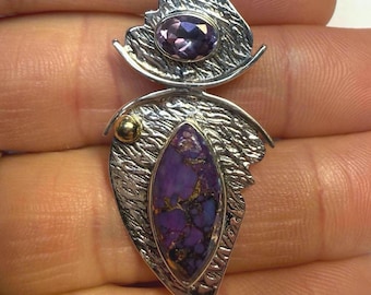 925 Purple Copper Turquoise Pendant : Mid-Century Modern Style