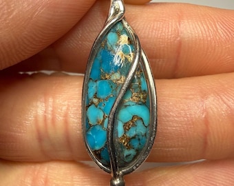 925 Blue Copper Turquoise Pendant - Art Deco Style