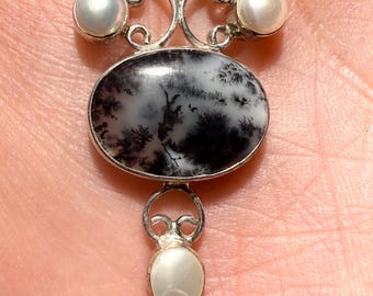 Silver, Agate and Pearl Necklace Pendant