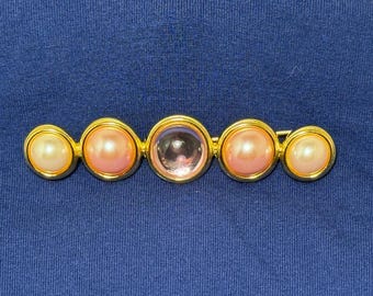 Vintage Monet Bar Brooch - Gold Tone Pink Cabochons