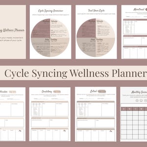 Può includere: Un Cycle Syncing Wellness Planner nei toni del malva e del bianco. Il planner include pagine per la pianificazione dei pasti, il monitoraggio dell'umore e le fasi del ciclo. Il testo include "Cycle Syncing Wellness Planner" e "Effortlessly plan your meals, movement & mood for each phase of your cycle."