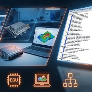 Può includere: Un'immagine composita che mostra un'auto rossa, componenti automobilistici in plastica nera, un ingranaggio arancione stampato in 3D, una centralina elettronica e un portatile con dati tecnici. Sette icone arancioni luminose sono disposte in basso.