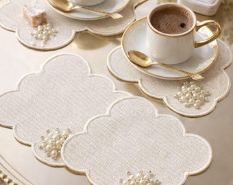 Set mit 6 Pearl Türkischen Kaffee-Untersetzern | Brautdusche Verlobung Dekor