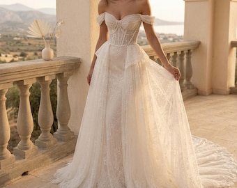 Off Shoulder Lace Wedding Dress A Line Bridal Gown Pearl Corset Wedding Dress Chapel Train Romantic Bride Dress Summer Wedding Gown Gift