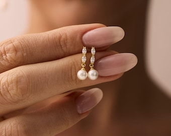 Handmade Pearl Diamond Earrings, Real Freshwater Pearl Drop Earrings, Minimalist, Wedding Jewelry, Bridal Earrings, Bridesmaid Gift For Her