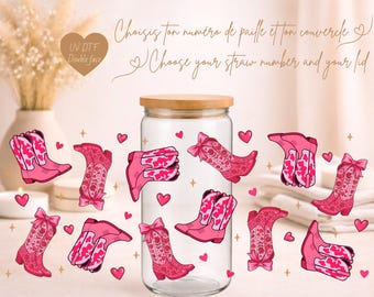 PINK COWGIRL Iced Coffee Glass 16 oz | Rose Western Boots Glass, Coquette Aesthetic | Libbey Style Cup with Lid & Straw