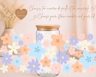 PASTEL FLOWER Iced Coffee Glass 16 oz | Groovy Pastel Flower Glass, Floral Vintage | Libbey Style Cup with Lid & Straw