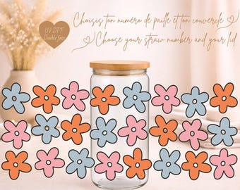 FLOWER Iced Coffee Glass 16 oz | Retro Pastel Flower Glass, Floral Aesthetic | Libbey Style Cup with Lid & Straw
