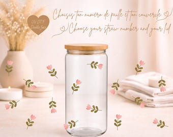 TULIP Iced Coffee Glass 16 oz | Minimalist Pink Flower Glass, Botanical Aesthetic | Libbey Style Cup with Lid & Straw