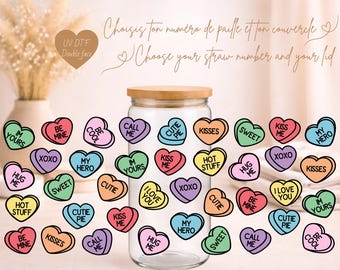 CANDY HEARTS Iced Coffee Glass 16 oz | Colorful Retro Hearts Glass, Valentine's Day | Libbey Style Cup with Lid & Straw