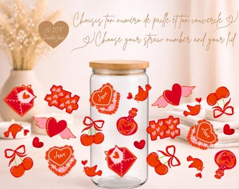 LOVE Iced Coffee Glass 16 oz | Red Love Glass, Valentine Aesthetic | Libbey Style Cup with Lid & Straw