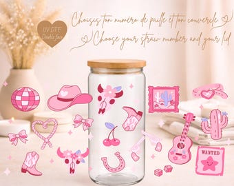 PINK WESTERN Iced Coffee Glass 16 oz | Western Rose Glass, Cowgirl Aesthetic | Libbey Style Cup with Lid & Straw