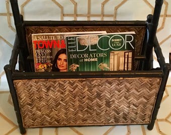 Vintage Black and Natural Rattan Faux Bamboo Wood Magazine Holder