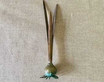 Vintage Carnevale Onion Bulb, Bud Vase, Verdigris Patina Brass and Copper, dated 1985