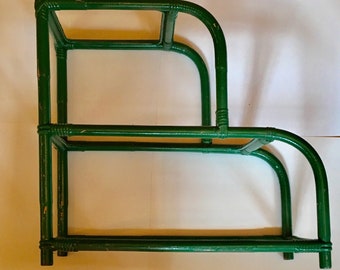 Vintage Green Stepped Rattan Rectangular Side Table/End Table with 2 Shelves