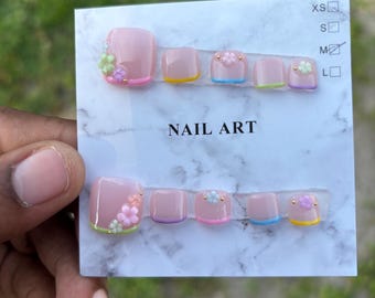 Colorful French Tip Press on Toenails | 3D Floral & Gold Pearl Pedicure | Hand-Painted Reusable Fake Toes