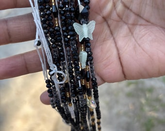 Tie-on Waist beads, black gold butterfly and hearts 50inch waist tracker
