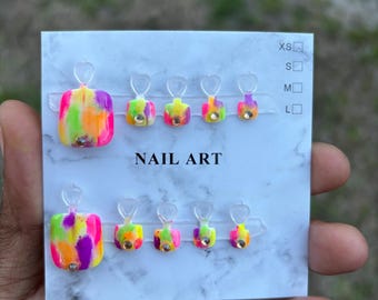 Reusable press on toe nails, tie dye set with rhinestones