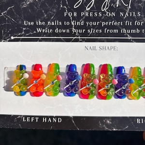 Y2K 3D Gummy Bear Press On Nails | 2 Tone Jelly Candy Nails with Lollipop & Rhinestone Charms | Kawaii Fake Nails