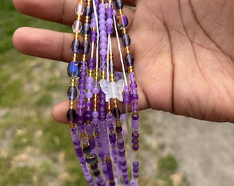Tie-on Waist beads, purple butterfly 50inch waist tracker