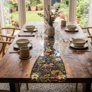 May include: A rectangular wooden dining table with a central resin inlay featuring pressed colorful wildflowers. The table is set with four beige ceramic bowls, matching mugs, and clear glasses. Four light-colored wooden chairs surround the table.