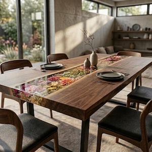 Op de afbeelding: Een rechthoekige houten eettafel met een centrale harsinleg gevuld met een levendig arrangement van kleurrijke geperste bloemen. De tafel wordt ondersteund door zwarte metalen poten en is omringd door zes houten stoelen met zwarte zittingen.