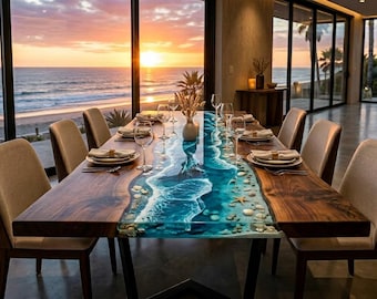 Ocean Wave epoxy rivier eettafel, aangepaste strandharstafel, walnoot oceaan eettafel, luxe kustmeubels, handgemaakte USA tafel