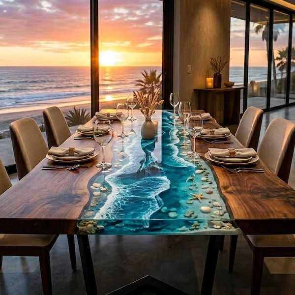 Mesa de comedor Ocean Wave Epoxy River, mesa de resina playera personalizada, mesa de comedor Ocean de nogal, muebles costeros de lujo, mesa hecha a mano en EE. UU.