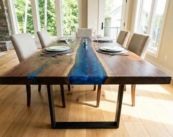 Mesa de centro de nogal epoxi azul oscuro, mesa de centro de nogal epoxi, mesa de madera de resina hecha a mano, escritorio, muebles de madera modernos, mesa de oficina para el hogar