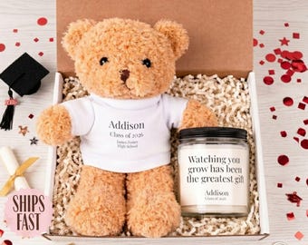 Caja de regalo de graduación, oso de peluche y vela personalizados para graduados, regalo para la promoción de 2026, regalo de graduación universitaria, recuerdo personalizado para graduados de secundaria.