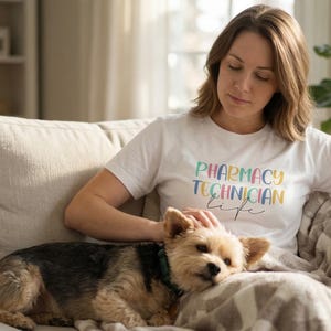 Koszulka z napisem „Technik Farmacji” | Kolorowy napis, Koszulka dla personelu medycznego
