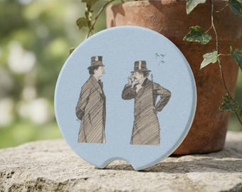 Posavasos para coche Phil May Victorian Gentlemen / Boceto de Dapper Men con sombrero de copa / Decoración para coche de esteatita