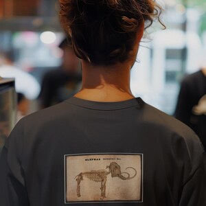 May include: Dark gray t-shirt featuring a vintage-style illustration of an elephant skeleton. The illustration is in a rectangular frame and includes the word "ELEPHAS". The shirt is a crew neck style.