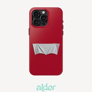 Red Phone Case With White Fabric Patch, Viral Sports Inspired Cover, Minimal Parody Graphic, Trendy Protective Gift