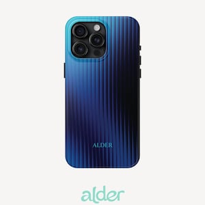 May include: A rectangular smartphone case featuring a vertical ribbed texture with a gradient color transition from bright blue on the left to deep navy on the right. The word ALDER is printed in teal near the bottom center of the case.