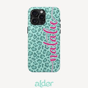 May include: A smartphone case featuring a light teal background with a dark teal leopard print pattern. The name Natalie is written in a bright pink cursive script font vertically along the right side of the case. The case has a camera cutout.