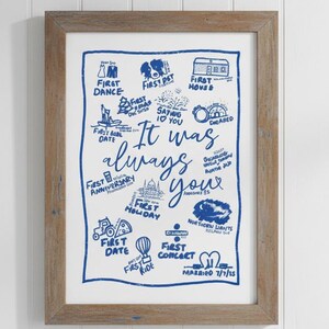Könnte beinhalten: Ein gerahmter Druck mit einem hellbraunen Holzrahmen. Der Druck zeigt blauen handgeschriebenen Text und Illustrationen auf weißem Hintergrund. Der Text lautet "It was always you" und enthält Illustrationen eines ersten Tanzes, eines ersten Dates und anderer wichtiger Momente.