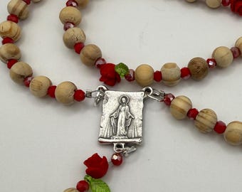 Wooden Rosary, Red Crystal Spacers, Rose Our Father Beads