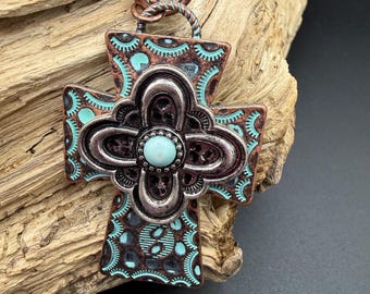 Turquoise Patina Cross Necklace | Suede Cord Statement Pendant | Rustic Boho Faith Jewelry