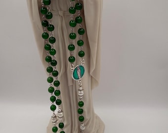 Emerald Green Glass Bead Rosary | Pearl Accents, Miraculous Medal, St. Benedict Crucifix